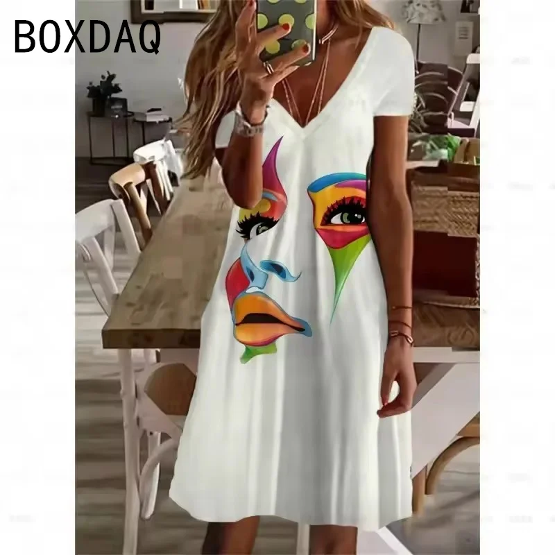 3D Funny Abstract Art Colorful Face Printed Dress Summer Women Short Sleeve V-Neck Casual Loose A-Line Dres Big Size Vestidos