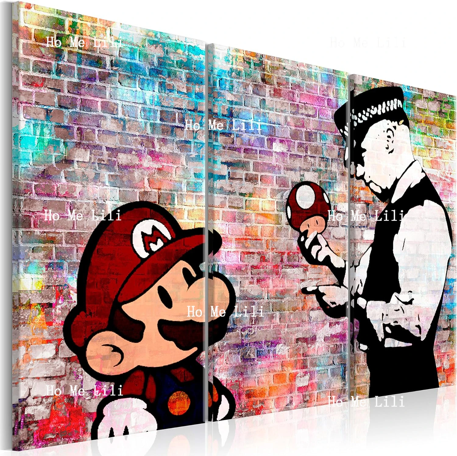 Artgeist Textured Canvas Wall Art Banksy Super Mushroom Cop 3pcs Painting Canvas Prints