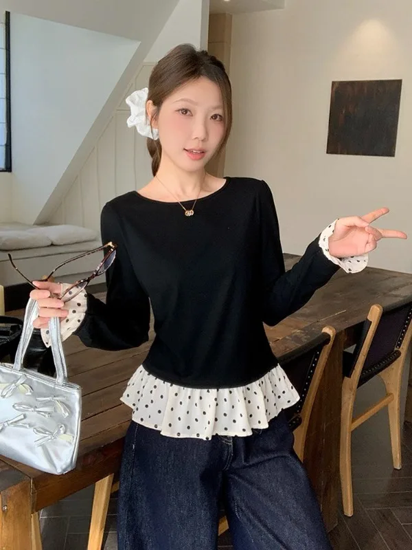

plus Size Women's Long Sleeve T-Shirt Spring New Polka Dot Ruffle Design Bell Sleeve Splice Korean Style Loose Fit round Neck