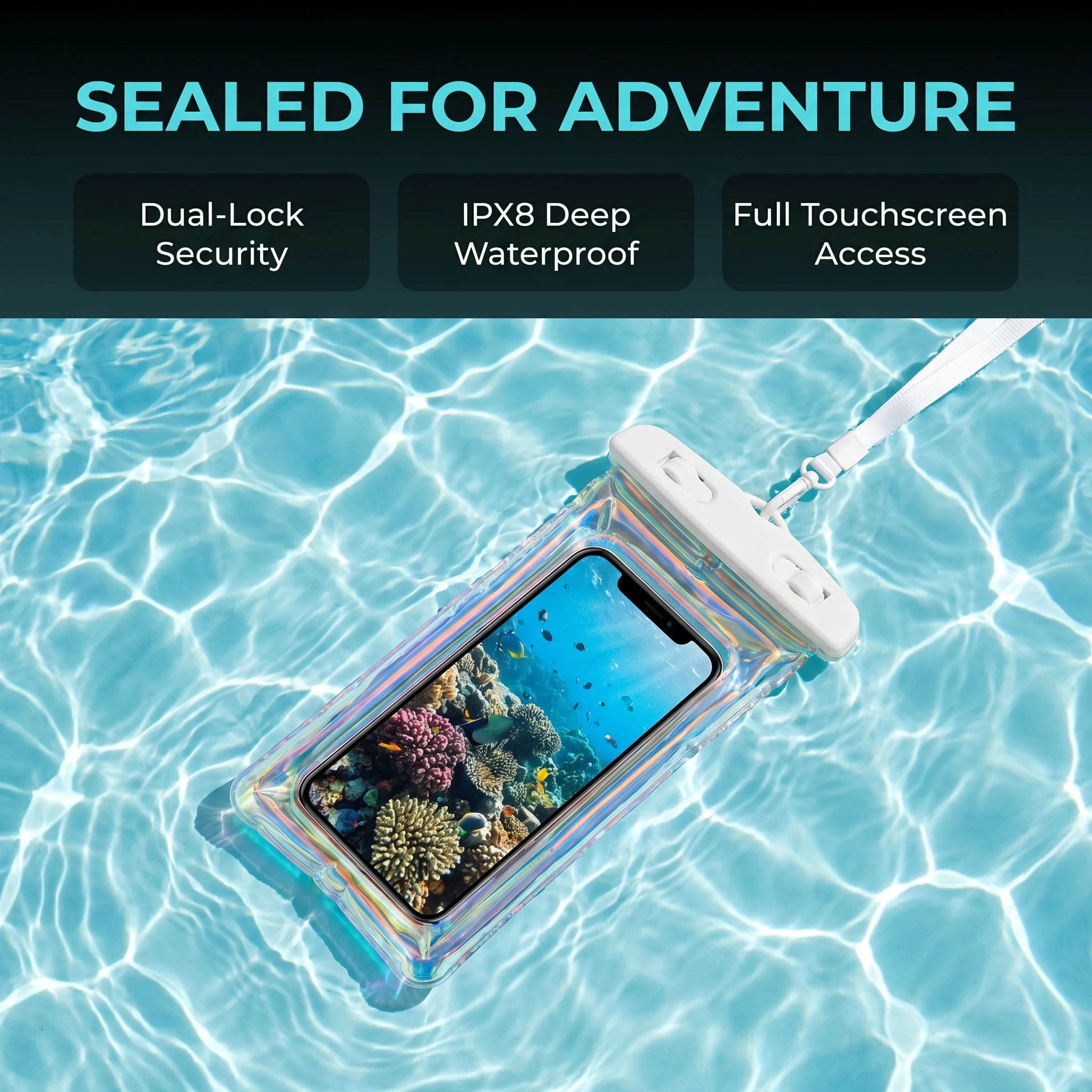 1 Pack IPX8 Waterproof Phone Bag Transucent Floating Dry Pouch with Lanyard Dual Lock Touchscreen Phone Case for Swimming Beach Kayaking Travel Compatible with iPhone Samsung Summer Pool Party Must Have - view 4
