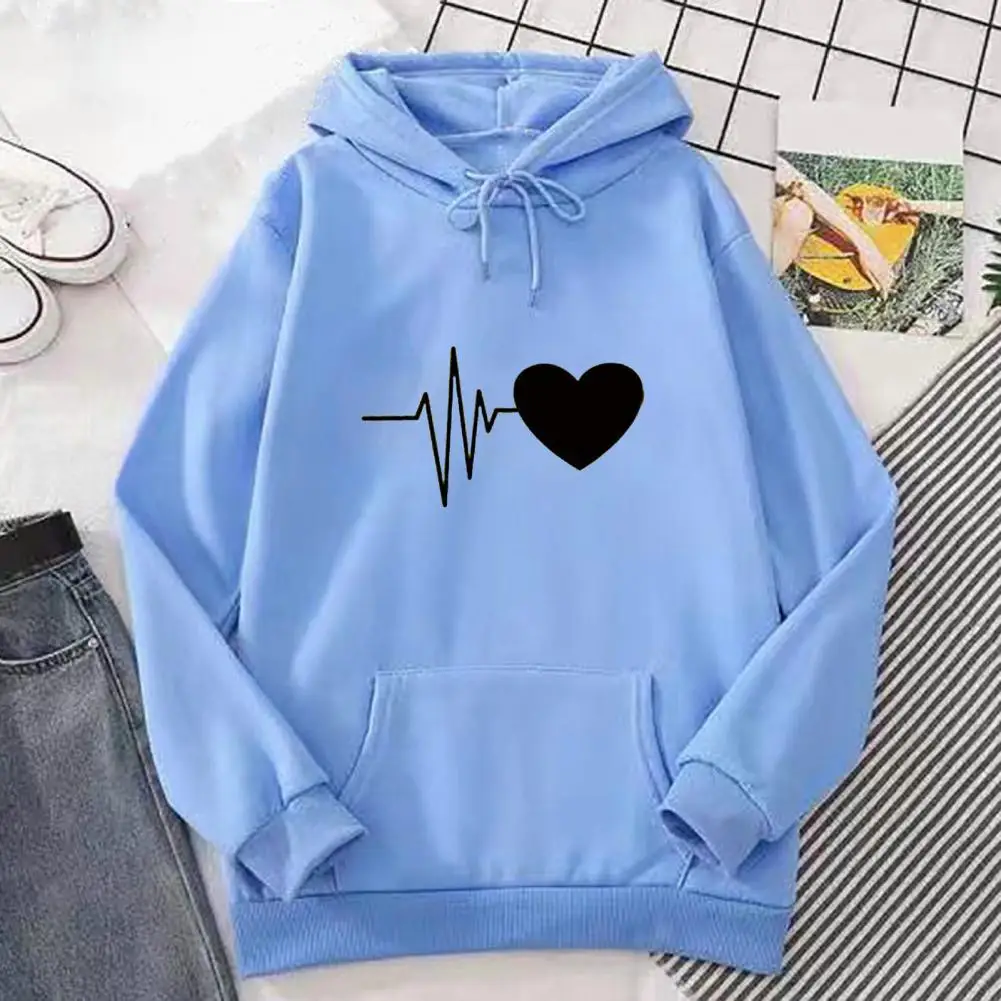 

Autumn Winter Unisex Hoodie Long Sleeve Heart Print Hooded Drawstring Loose Pullover Thick Plush Warm Casual Hoodie