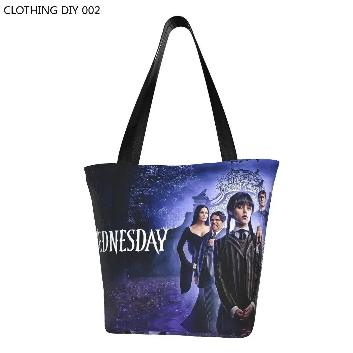 

Horror Movie Wednesday Addams Grocery Shopping Bag Printed Canvas Shopper Shoulder Tote Bags Large Capacity Comedy Handbag