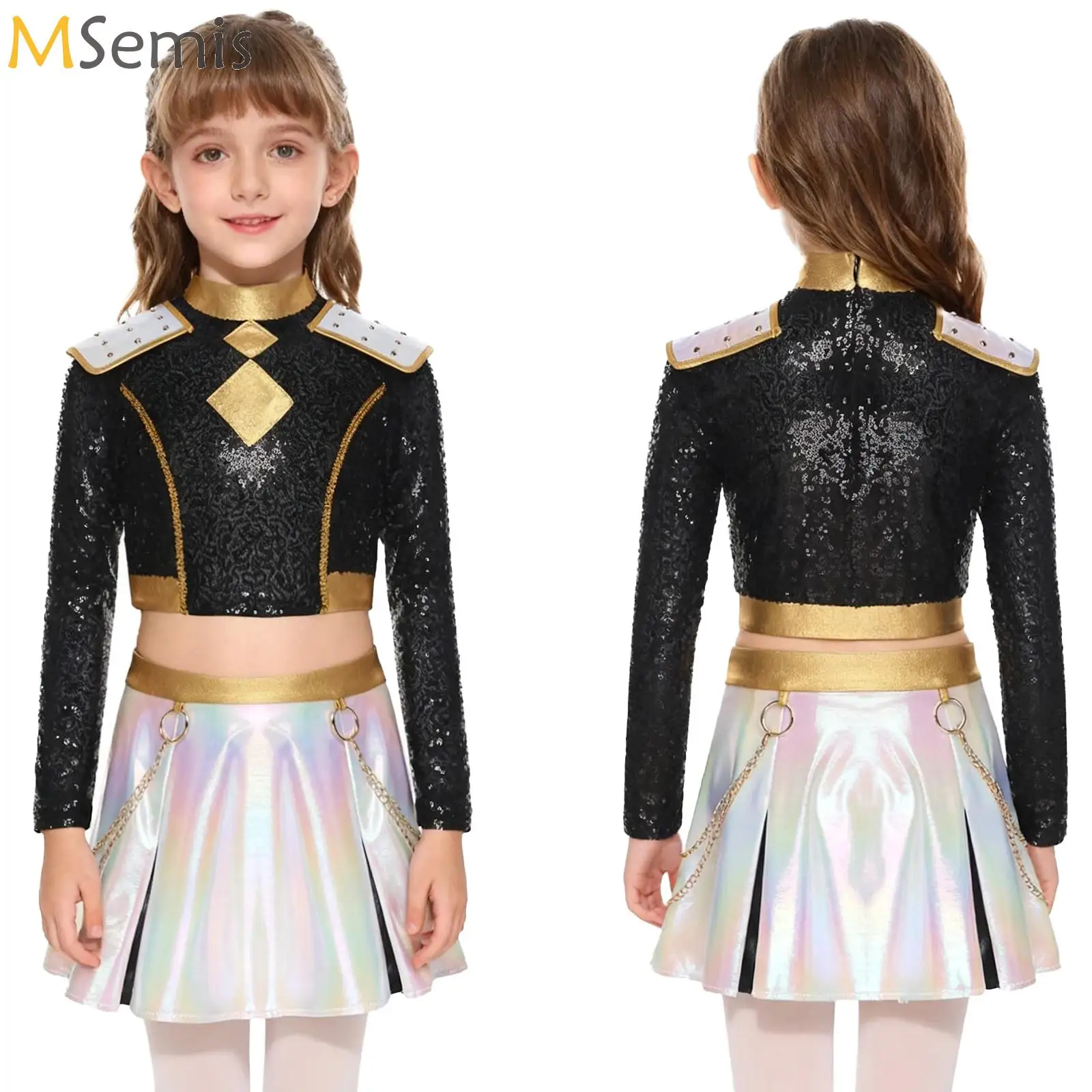 

Big Girls Demon Singer Leader 2 Piece Dance Set Sequins Crop Top with Shorts/Skirts Halloween Carnival Stage Performance Outfits