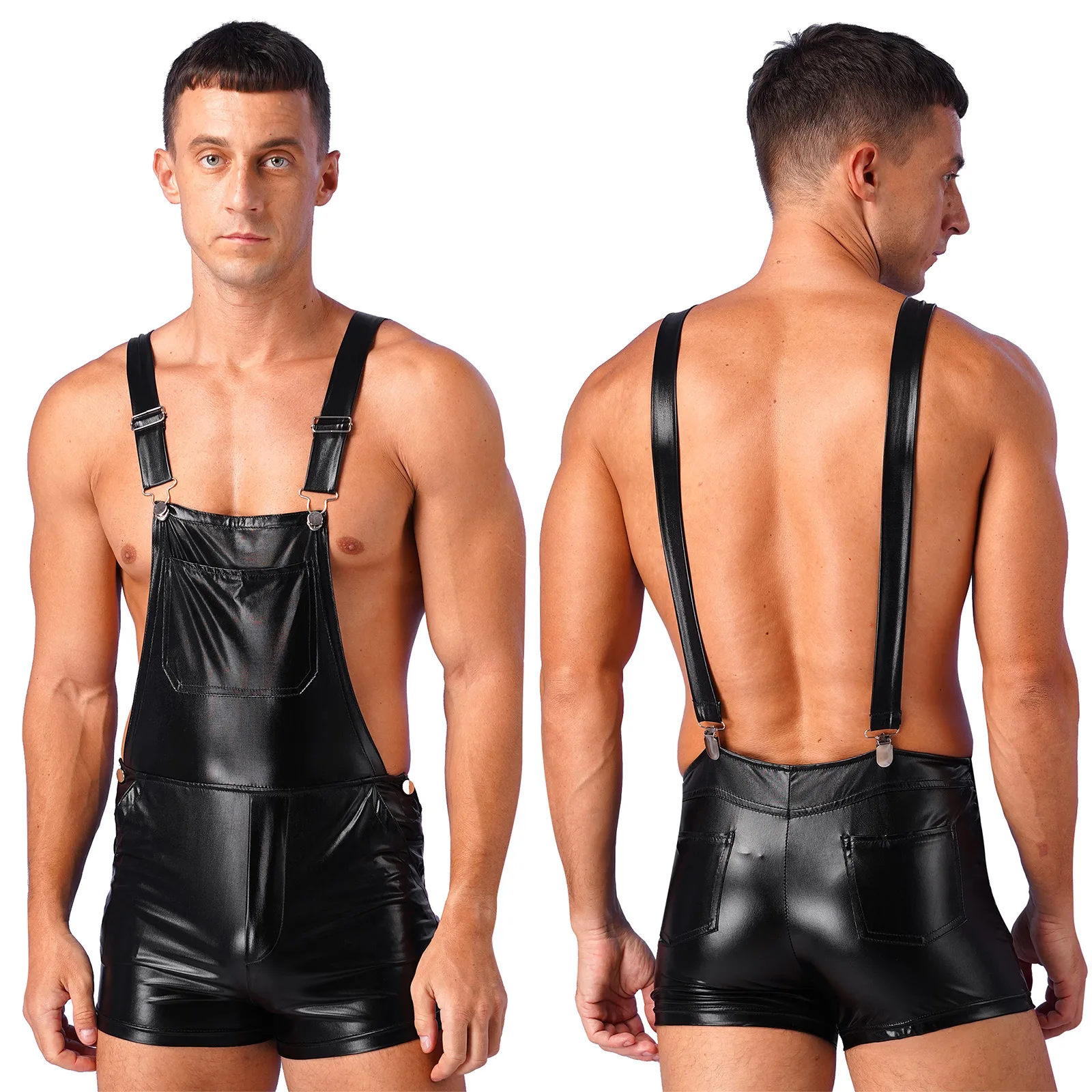 

Sexy Mens Bodysuit One piece Wetlook Leather Short Jumpsuit Romper Halloween Carnival Club Modern Playsuit Dancewear Streetwear