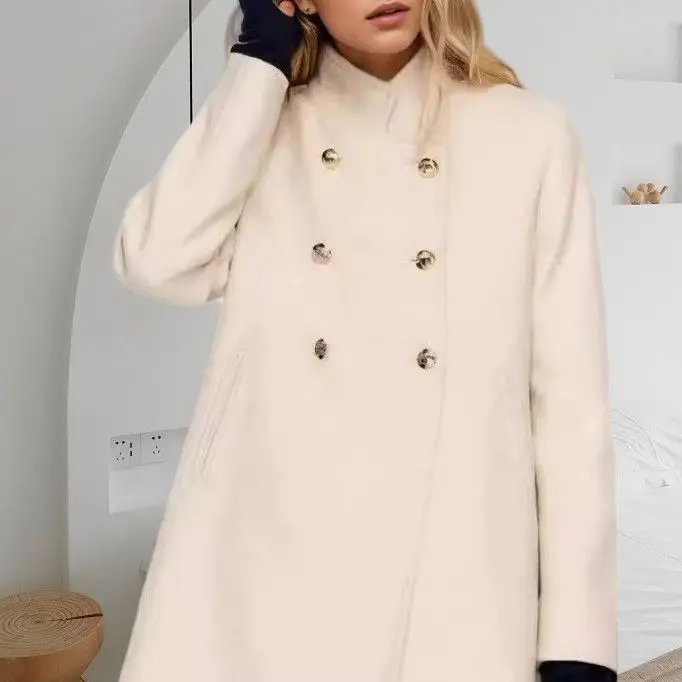 2025 Autumn/Winter Long-Sleeved Simple-Neck Solid Color Slim-Fitting Wool Coat