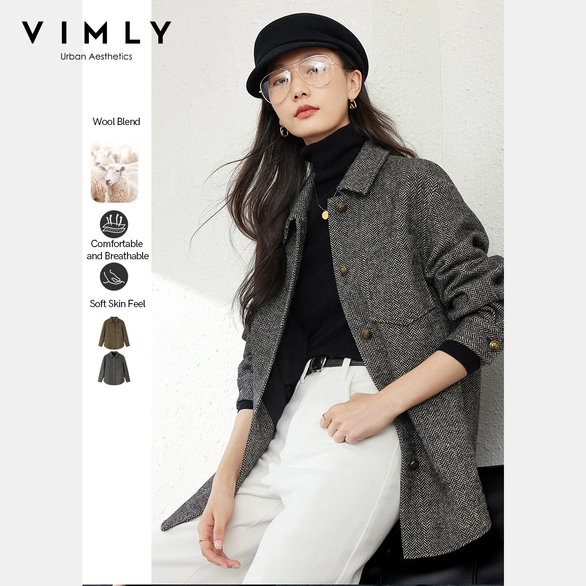 

Vimly Women's Wool Blend Coat 2025 Fall Winter Turn-Down Collar Textured Jackets Retro Style Office Female Warm Outerwear M8910