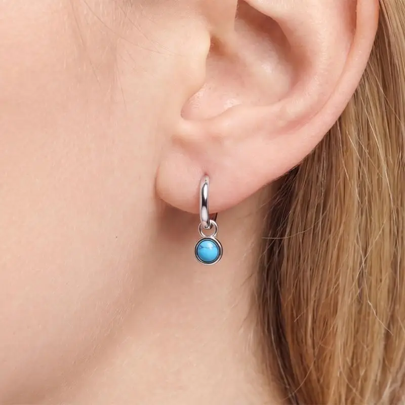 195C Round Blue Stone-Look Dangle Earrings with Silver-Tone Copper Hoops and Hinged Closures, 1 Pair for Coordinated
