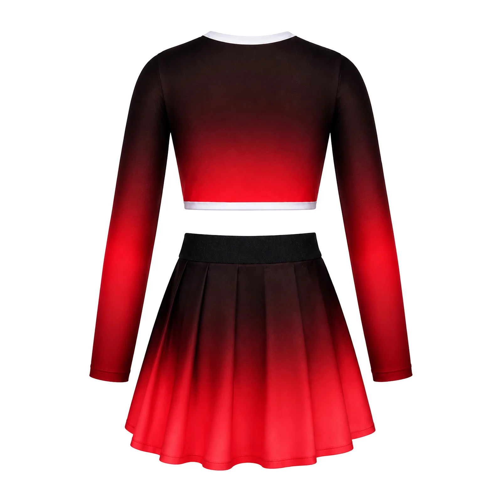 Cheerleader-Kostüm für Mädchen mit Farbverlauf, CHEER-Buchstabendruck, langärmeliges Crop-Top mit V-Ausschnitt, asymmetrischer Rock, Kinder-Cheerleading-Uniform – Detail 4