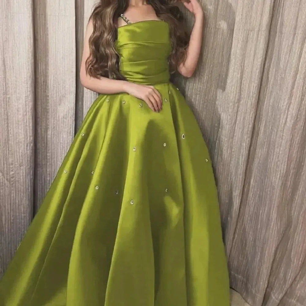 

Classy Long Strapless Beaded Satin Prom Dresses Sleeveless A Line Floor Length فساتين للمناسبات الخاصة