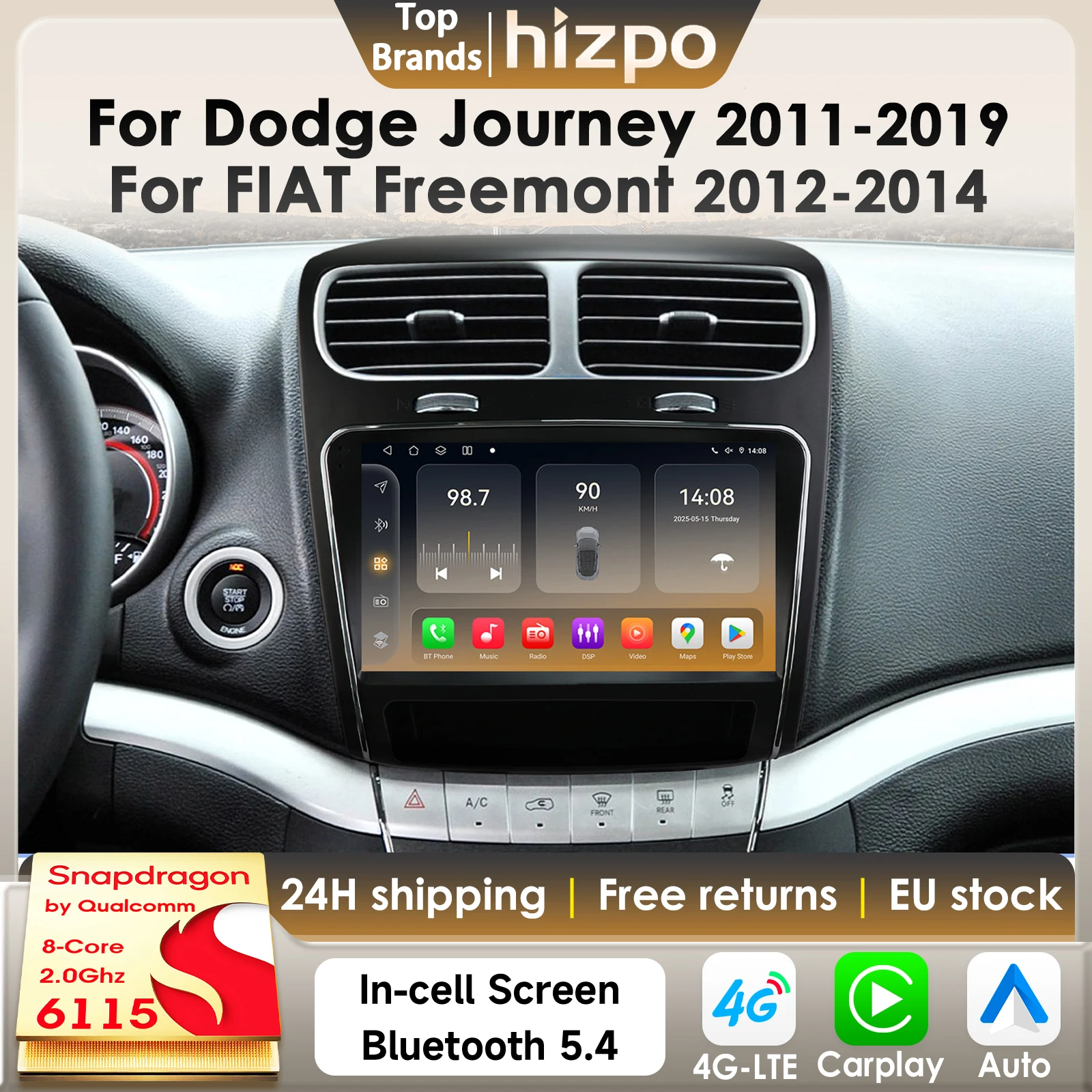 Hizpo Carplay Android Auto Autoradio für Dodge Journey 2011-2019 für FIAT Freemont 2012-2014 GPS 4G Intelligentes Stereo 6115