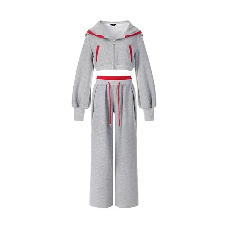 

Women's new color blocked hooded sweatshirt jacket autumn pleated straight tube loose drawstring sweatpants two-piece set