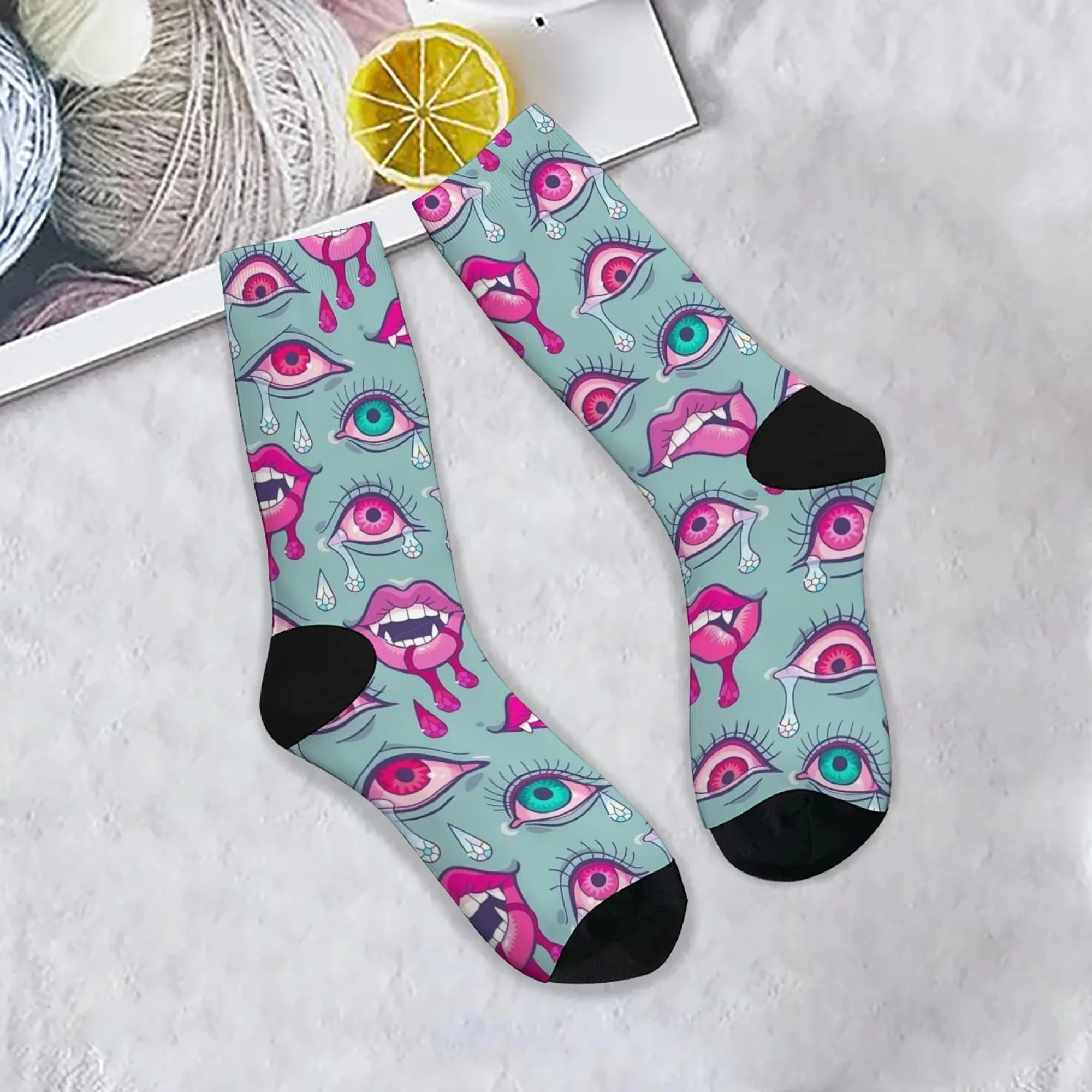 

Bizarre Fantasy Grotesque Socks Light Teal Base with Floating Eyes & Smirking Lips Soft Warm Comfort Fabric for Daily Wear