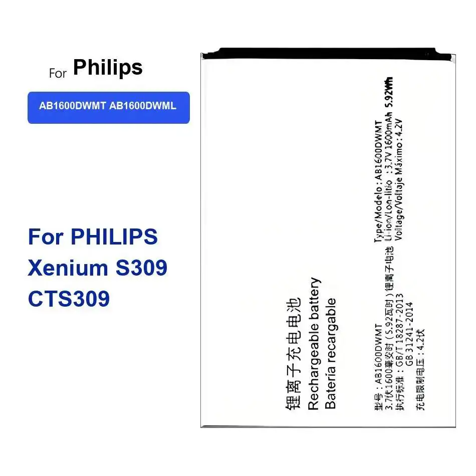 

Mobile Phone Battery For Philips Xenium S309 CTS309 Long-Lasting Performance 1600Mah Reliable Power Supply AB1600DWMT AB1600DWML