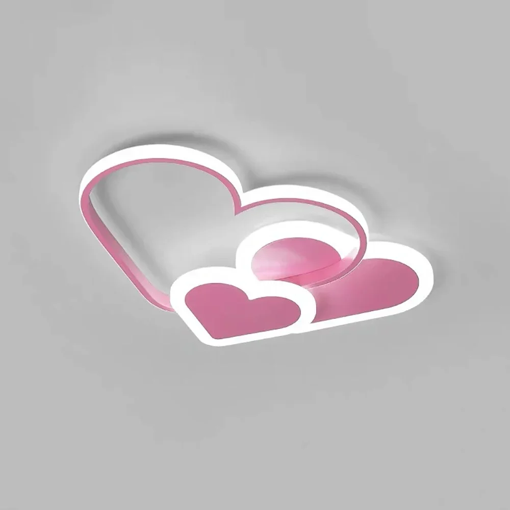 Moderne 3-kleurige hartvormige romantische plafondlamp met afstandsbediening, traploos dimbare LED-kroonluchter, vlakke montage - roze