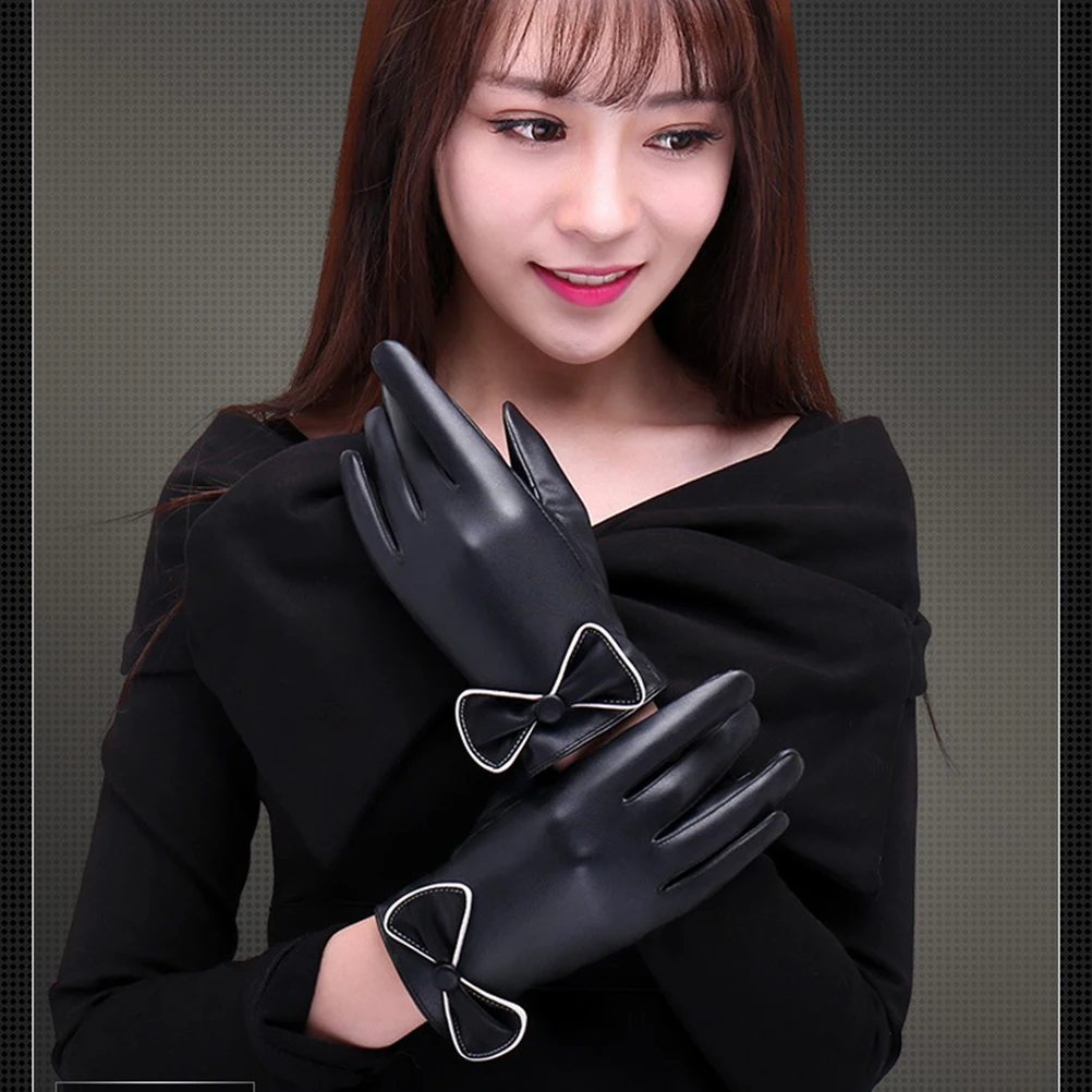 1Pair Women Winter PU Gloves Thicken Warm Windproof Touch Screen Bow-Knot Outdoor Black Winter Gloves