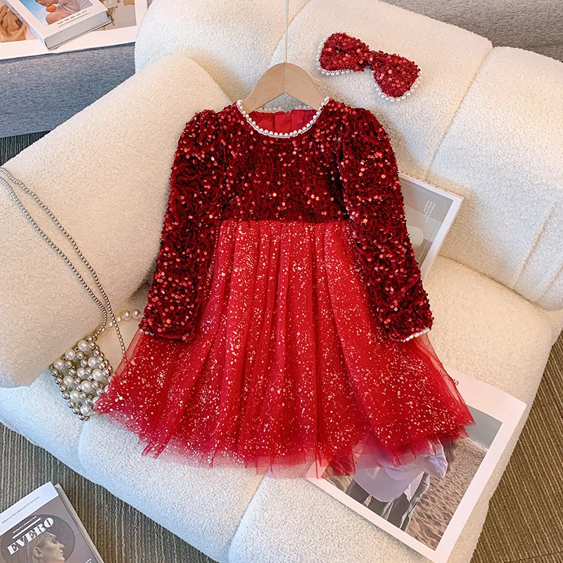 Girls Dress New Autumn/Winter Sequined Silver Fleece-lined Princess Dress Children Pearl Collar Long Sleeve Skirt