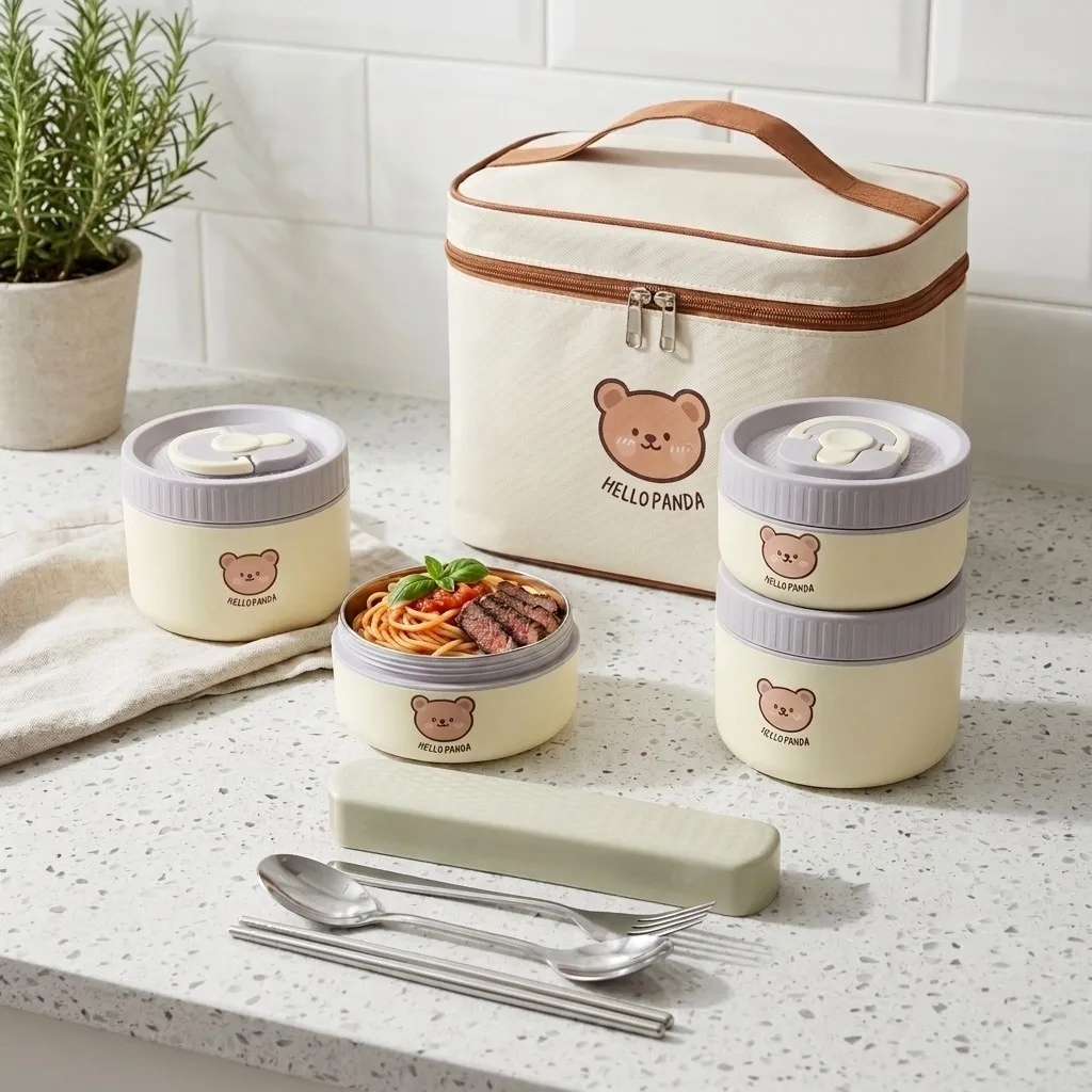 Kawaii 304 Stainless Steel Thermal Lunch Box Microwavable Bento Box Food Storage Containers Kids Students School Office Adults