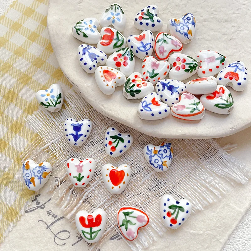 5Pcs 14.5MM Hand Drawn Heart-shaped Flower Tulips Ceramic Loose Beads For Jewelry Making Necklace Bracelet Craft DIY Supplies