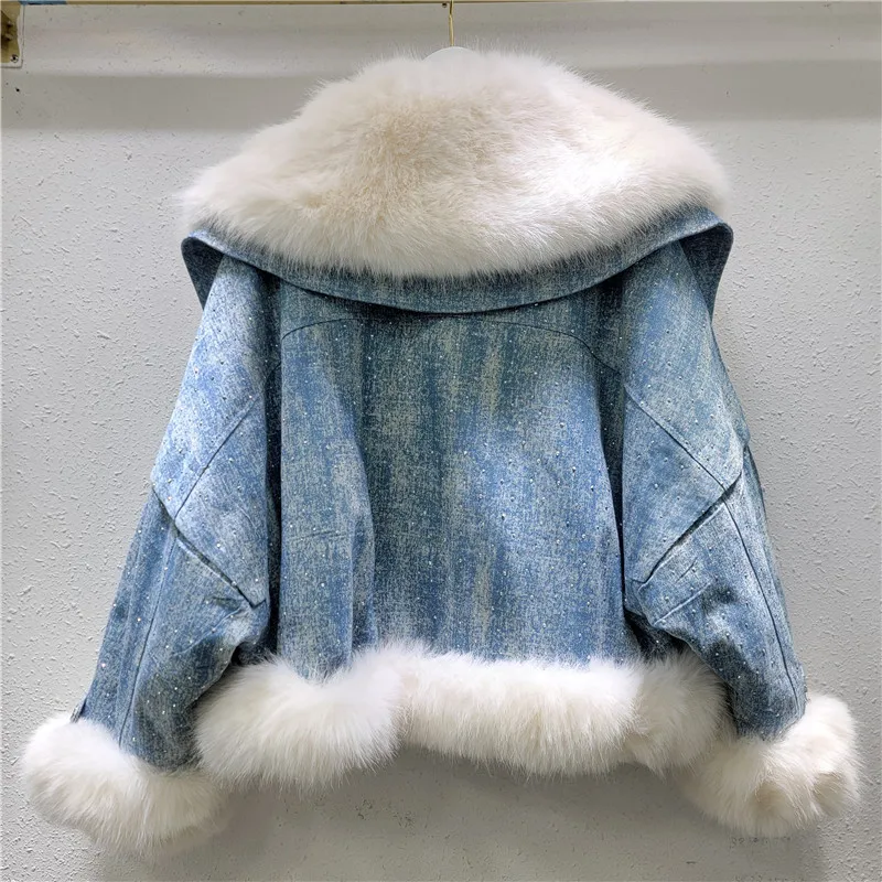 Soft Imitation Fox Big Fur Collar Jacket Women's 2024 Winter Fashion Hot Diamond Splicing Warm Parker Down Cotton Coat