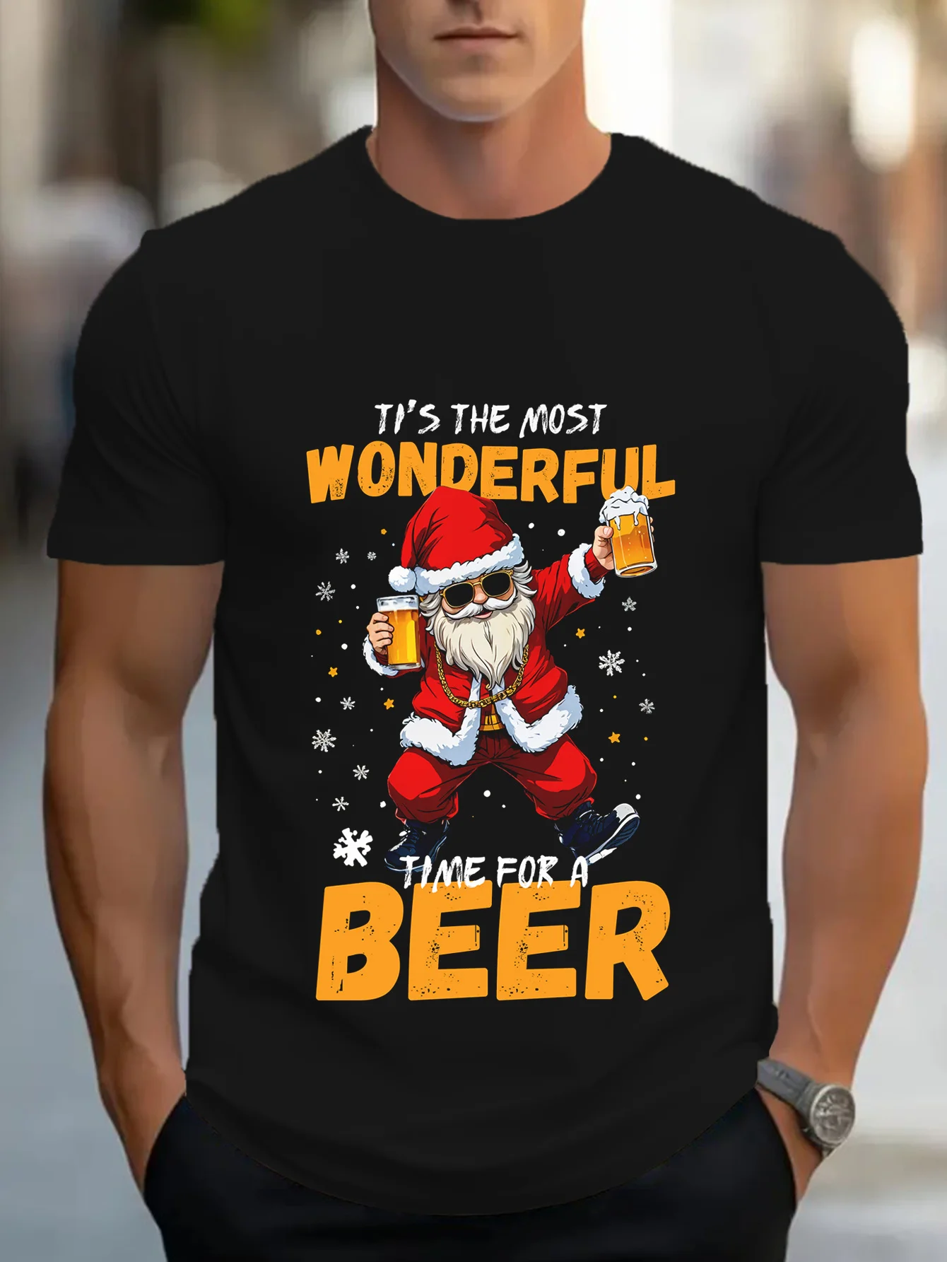 Camiseta masculina com estampa de tempo de Papai Noel e cerveja – Camiseta casual preta de manga curta com gola redonda e impressão 3D, P =