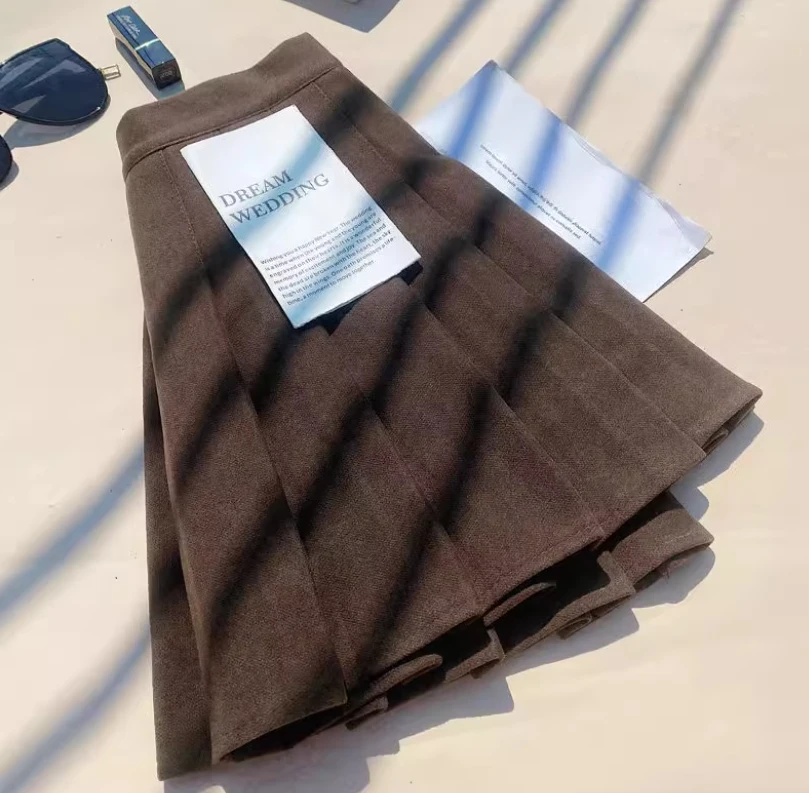 حجم كبير النساء خريف شتاء موضة الحد من العمر كلية الصوفية تنورة عالية الخصر ألف خط تنوعا بلون مطوي التنانير #4