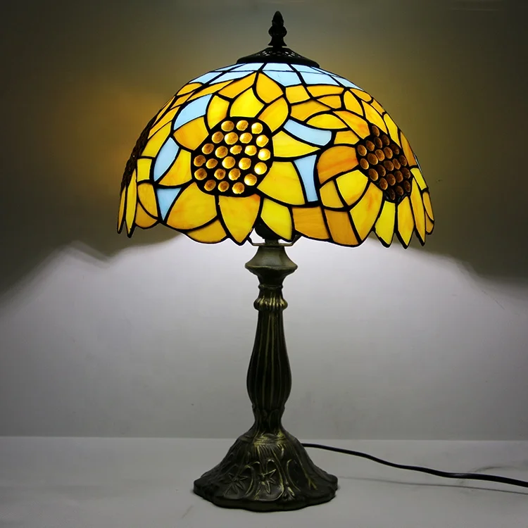 Classic 12Inch Tiffany Mediterranean LED Table Lamp with Stained Glass Lampshade and Handmade Alloy Base