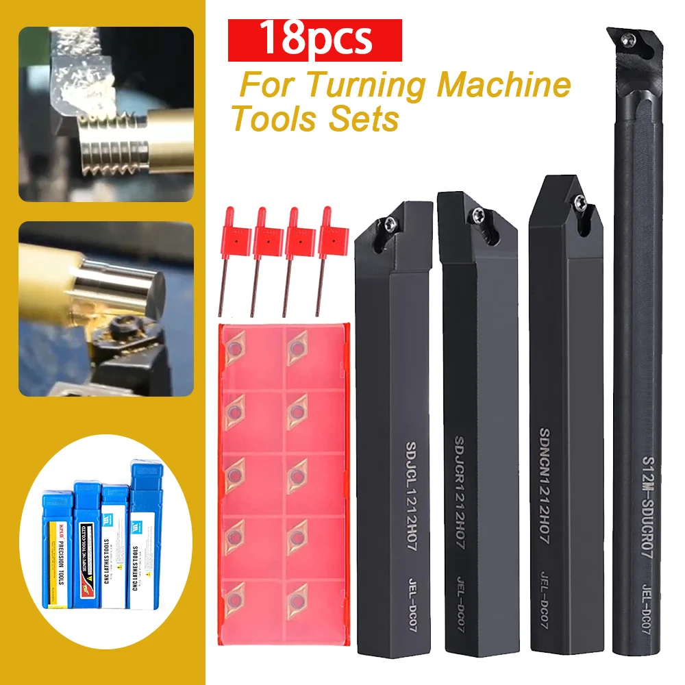 10pcs DCMT070204 Carbide Inserts Blades+ 4pcs 12mm Lathe Boring Bar Turning Tool Holder for Lathe Turning Tool Machine Tool Sets