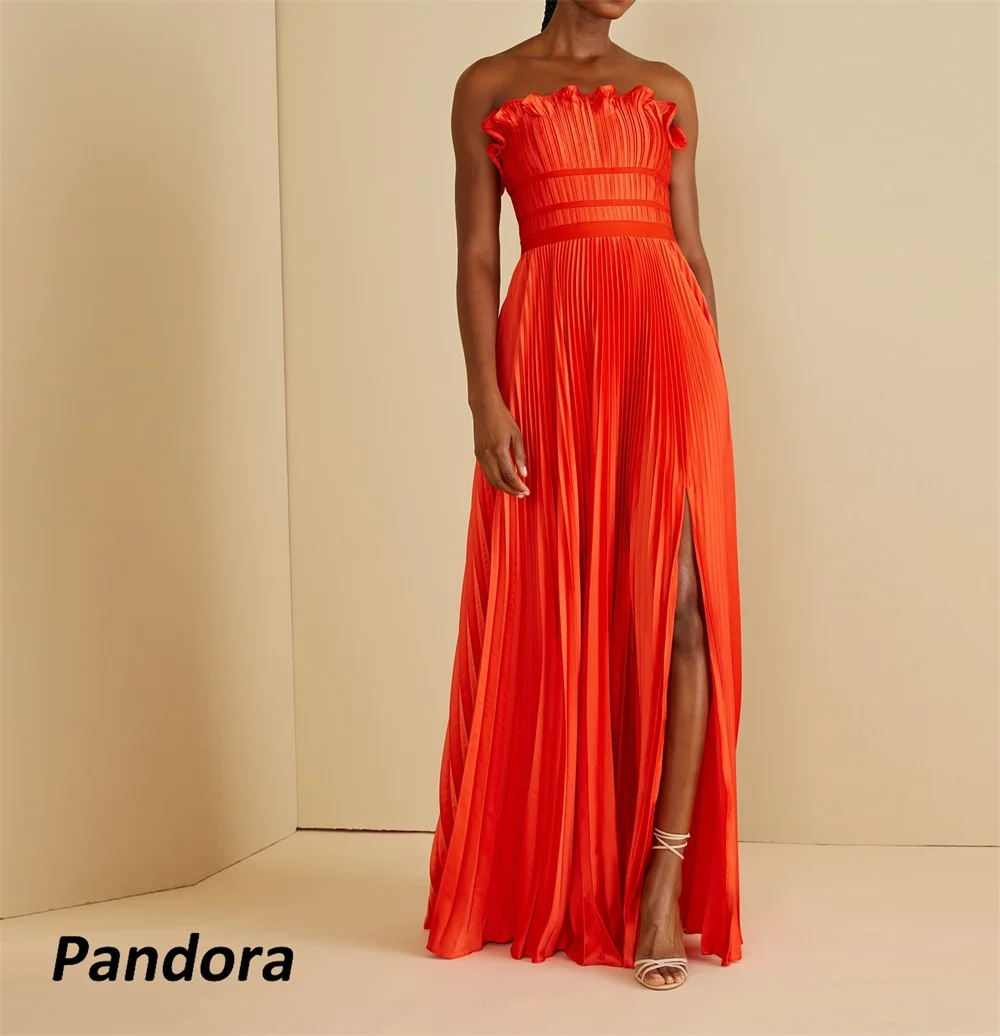 

Pandora Ruffles Strapless Evening Gown A-line with Slit Pleated Sleeveless Women's wedding Banquet Party Dress