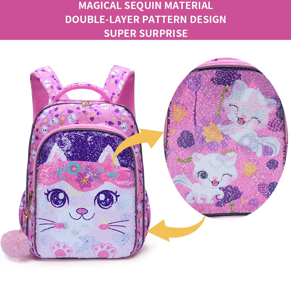 3PCS set Backpack For Girls, Cute Cartoon Kitty Sequin Design Bookbag With Lunch Box And Pen Bag, Glow-in-the-dark Function-Pink