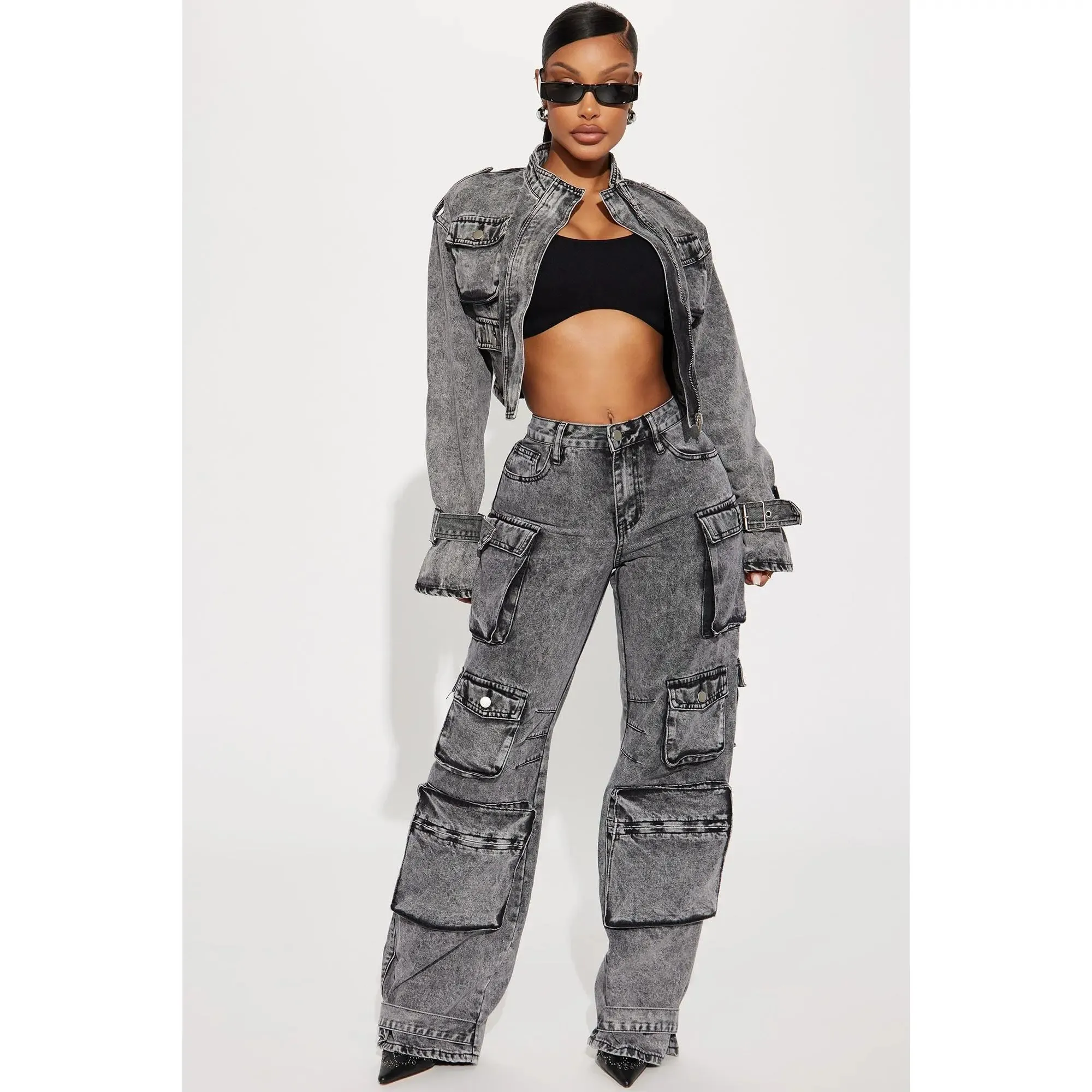 

Y2k Low Slung Cargo Jeans Acid Wash Black Baggy Jeans Women Wide Leg Denim Pants Harajuku Hip Hop Trend Women Clothing