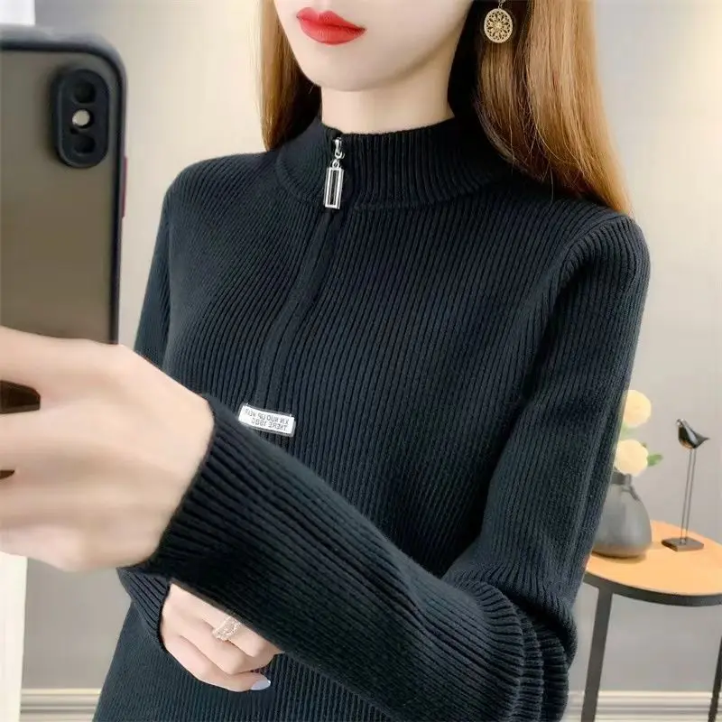 Autumn and Winter Women's Solid Color Half High Neck Long Sleeve Knitted Pullover Zipper Loose Plus Size Fashion Casual Tops