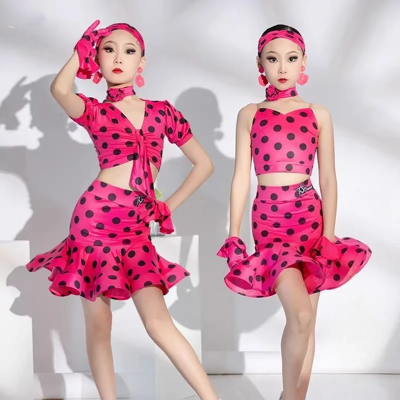 

Girls Latin Dance Dress Polka Dot Children's Performance Costume Competition Regulations Tango Chacha Dancewear