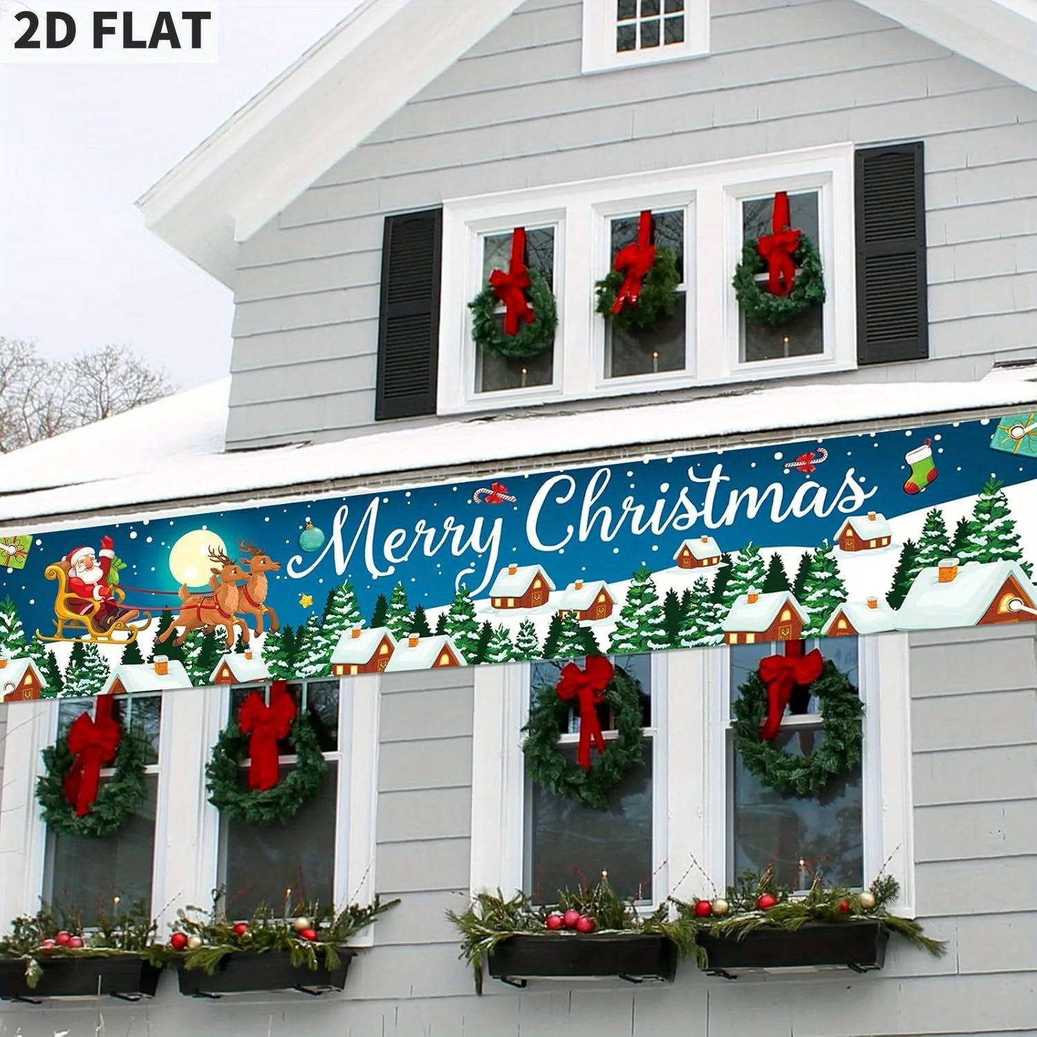 Large Fabric Blue Merry Christmas Decorations with Santa Claus Reindeer Gifts Banner, for Fence New Year Party Decor Supplies