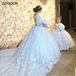 Customized Tulle With Long Sleeves White Mother Daughter Wedding Dress 2024 Ball Gown Floor Length Sweep Train Bridal Gown