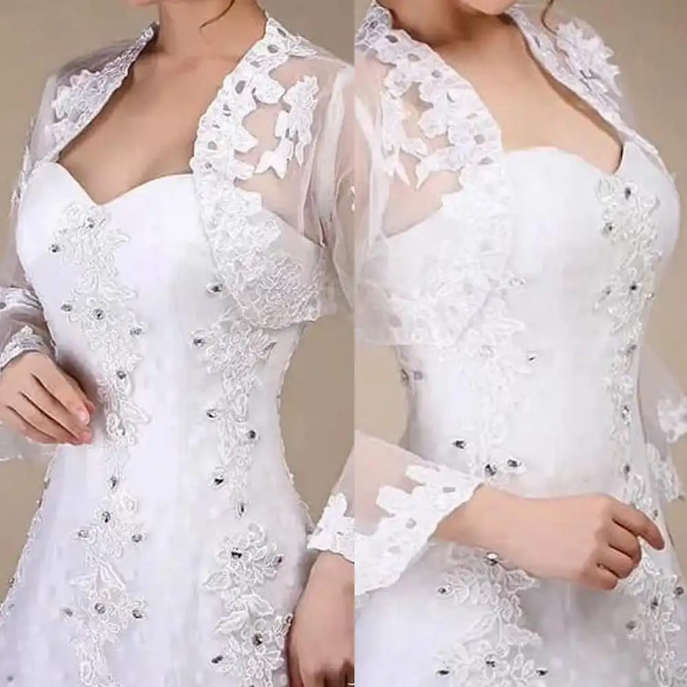 

Unique Flare Long Sleeve Jacket Sheer Appliques Lace Bride Bolero For Strapless Bridal Dress Wedding Accessories Bridal Wrap