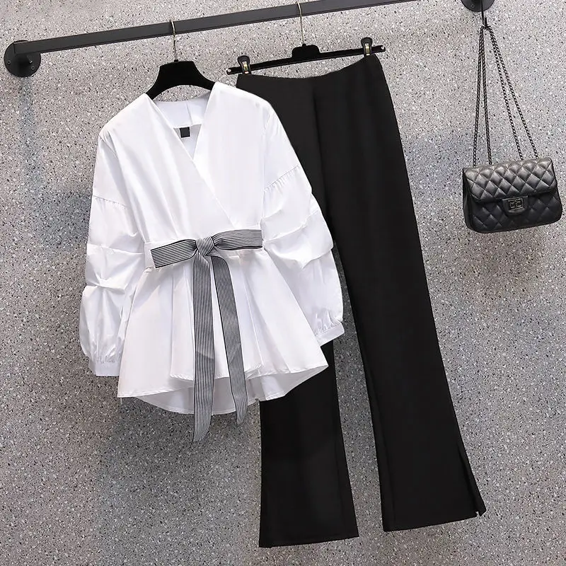 OverSize New Two-piece Suit Women\'s Clothing New Spring Summer Long Sleeve V Neck Blouse Pants