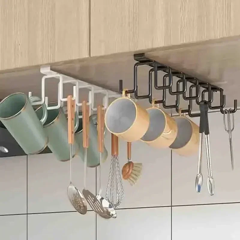 New Hole-free Kitchen Hook Rack  Iron Double-row Hook Hanging Rod  Kitchen Utensil Rack, Spoon and Shovel Rack Wall Hanging