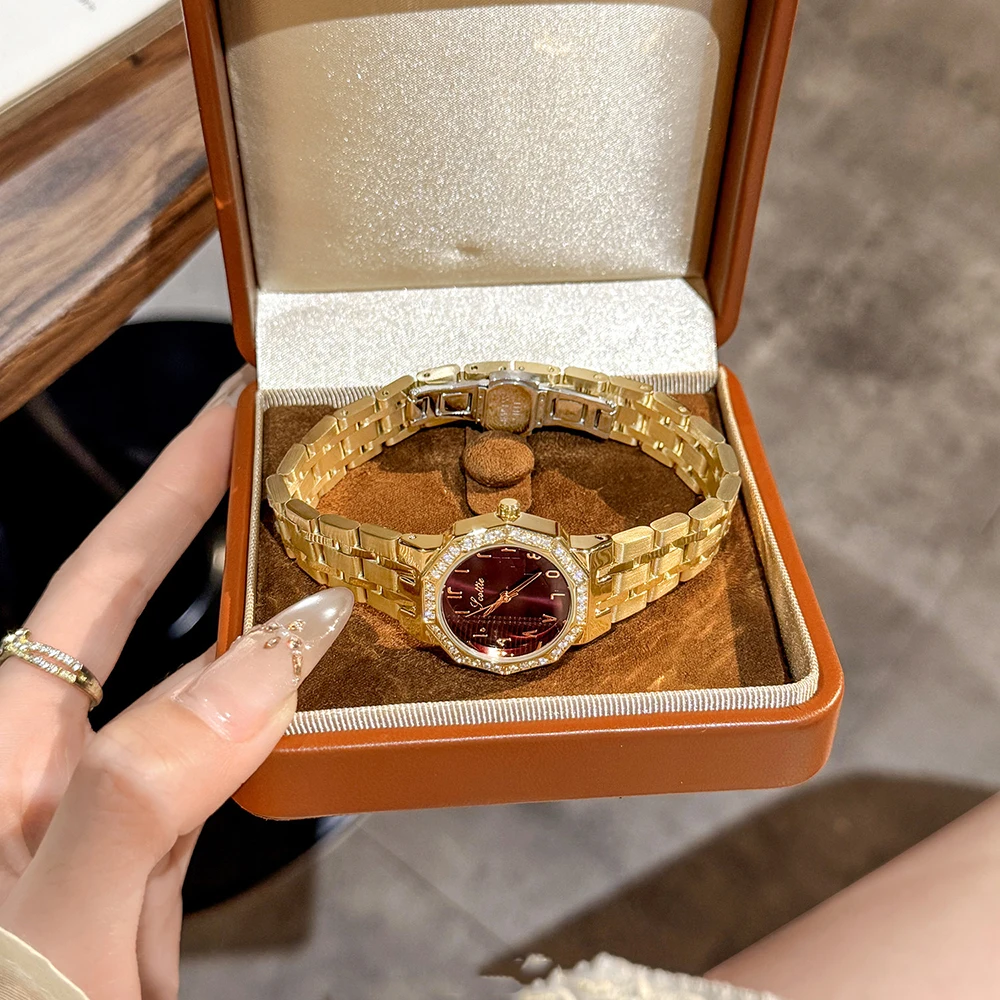 Scottie Luxury Octagonal Women's Watches Fashion Crystal Paved Bezel Wine Red Dial Women Watch Elegant Ladies Quartz Watch Gift