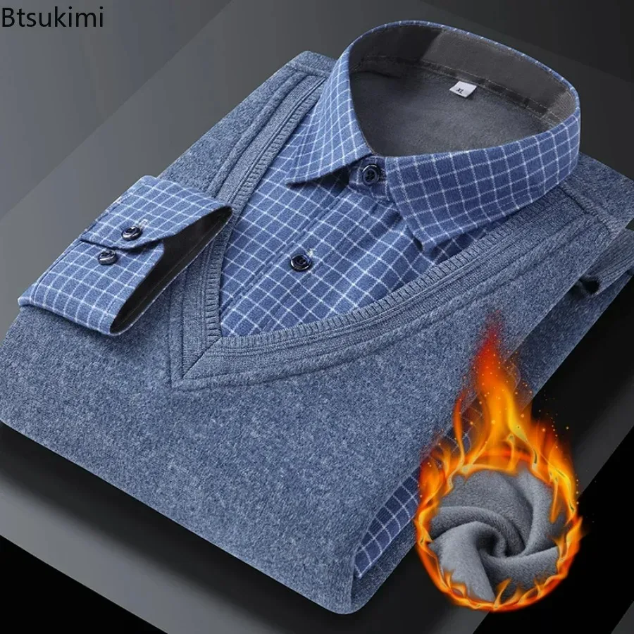 2023 outono inverno quente dos homens camisola de veludo grosso velo quente falso duas peças camisa clássico moda masculina pulôver camisas casuais