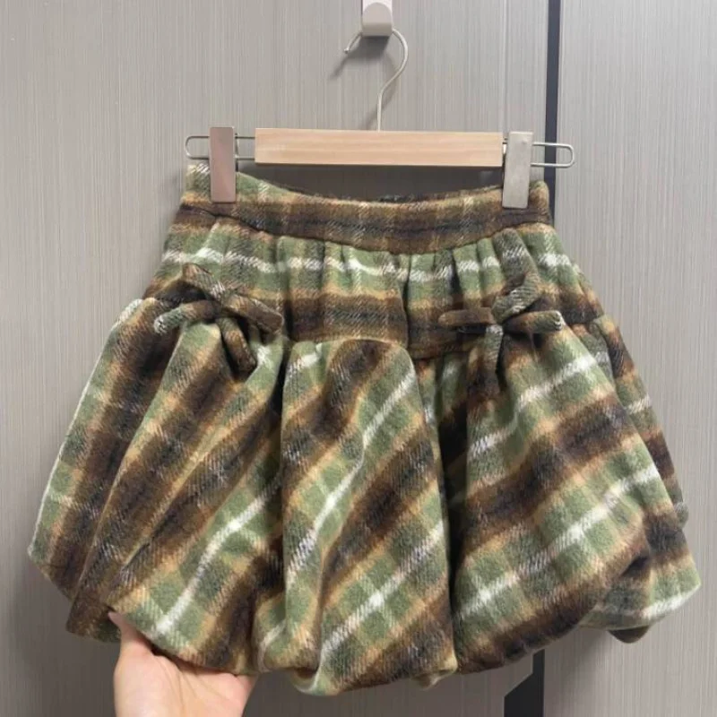 

Винтажная шерстяная мини-юбка в клетку с бантом, осенне-зимняя, женская, повседневная, с эластичной высокой талией, короткая юбка, корейский стиль, шикарная модная юбка (Faldas)