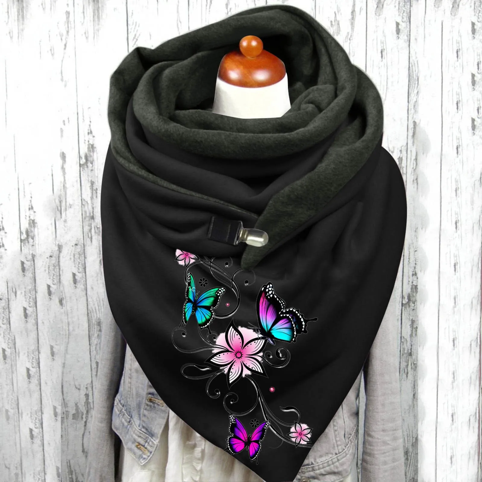 New Fashion Winter Women Scarf Funny Butterfly Flower Printing Button Soft Wrap Casual Warm Scarves Shawls Women Cotton Scarves