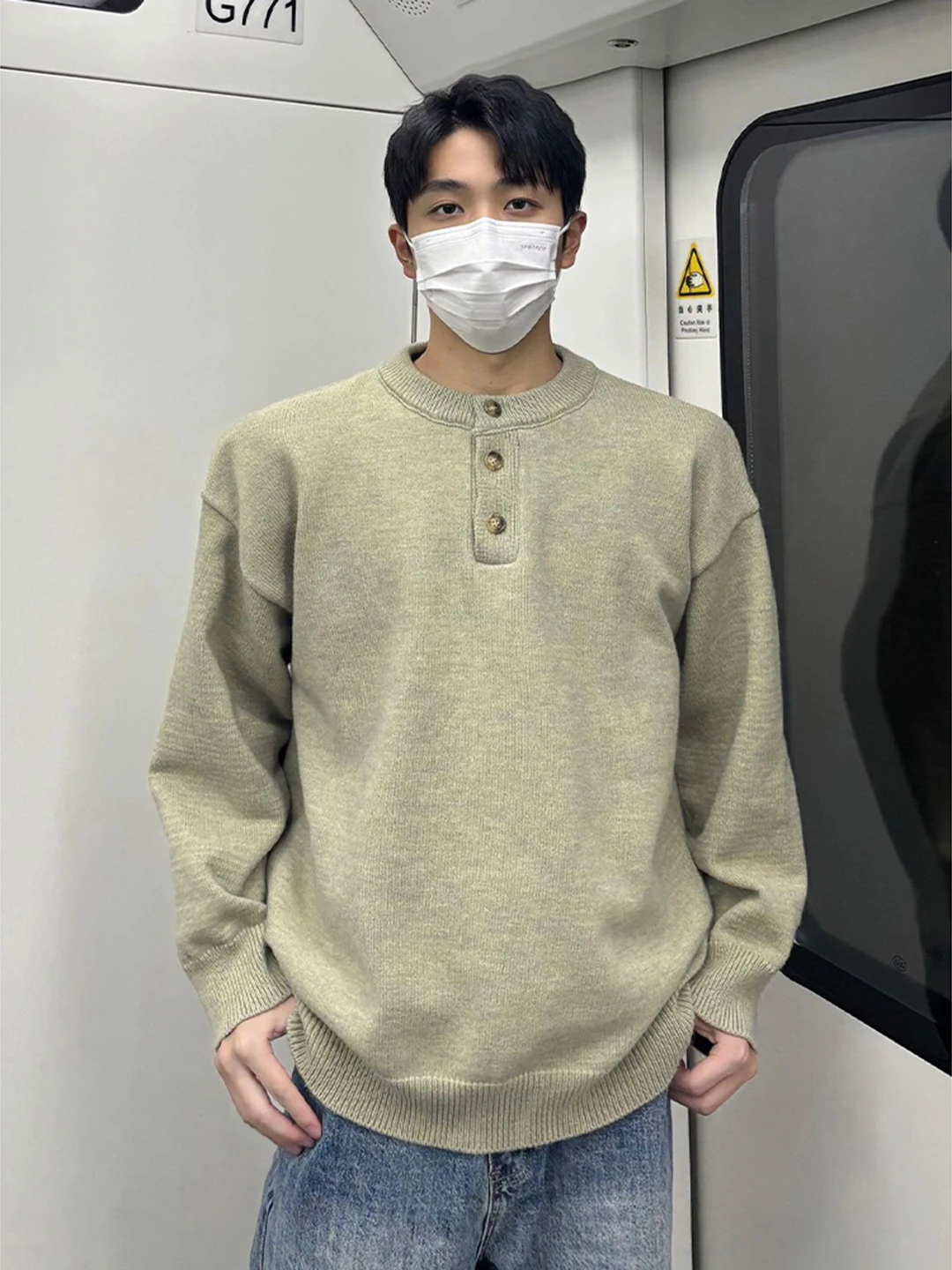 

Мужской свитер в американском ретро-стиле с воротником Хенри, свободный, вязаный, базовый слой, осенне-зимний, с длинным рукавом