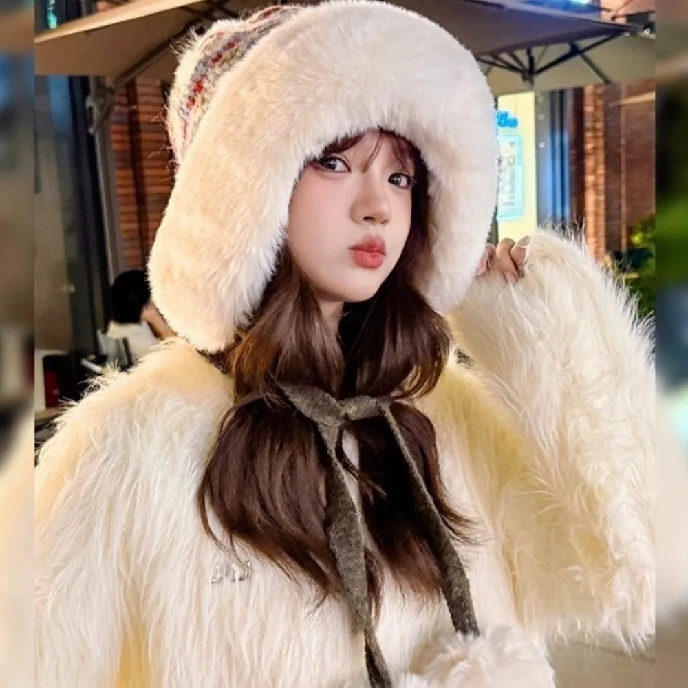 

Retro Thick Knitted Plush Hat Warm Ball Ear Protection Hat Ethnic Style Windproof Pullover Beanie Hat Girls