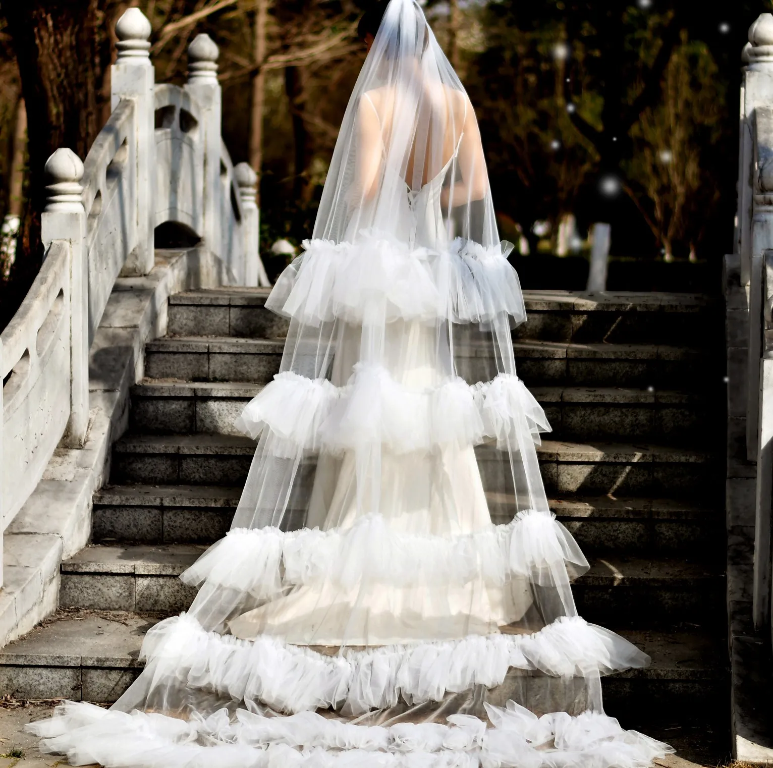 Romantic Cathedral Bridal Veil with Comb, Multi-Layer Ruffled Tulle Veil, Extra Long Flowing Wedding Veil for Bride G117A