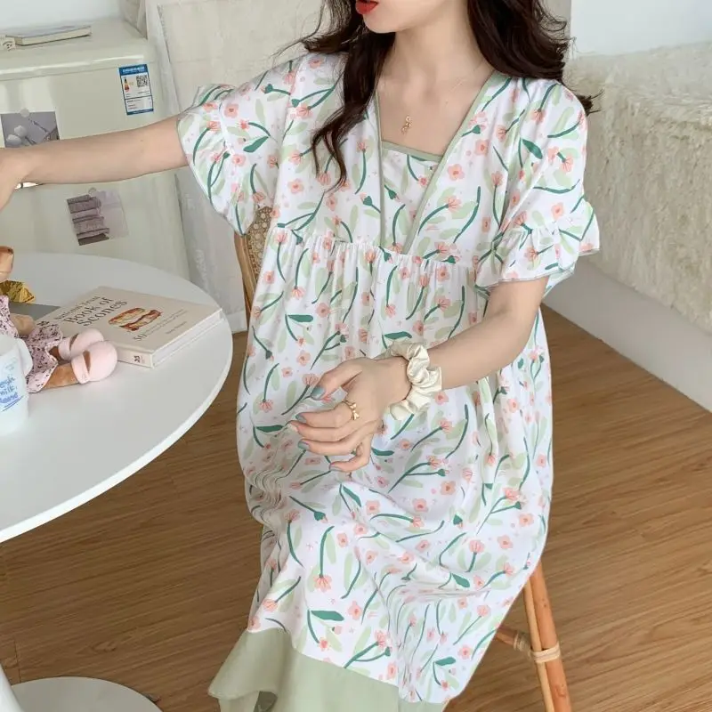 Summer Princess Style Women Pajamas Dress Female Floral Print Short Sleeves Long Nightgowns Sweet Cute Casual Look Home Clothing