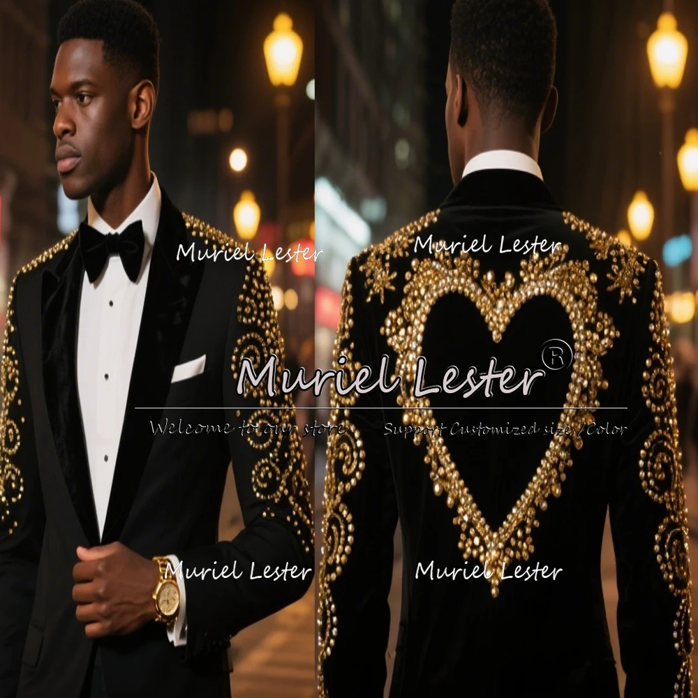 Luxury Diamond Stones Men Suits 2 Pieces Sets Peaked Lapel Groom Wedding Tuxedos Shiny Pearls Prom Blazer Customized Ropa Hombre