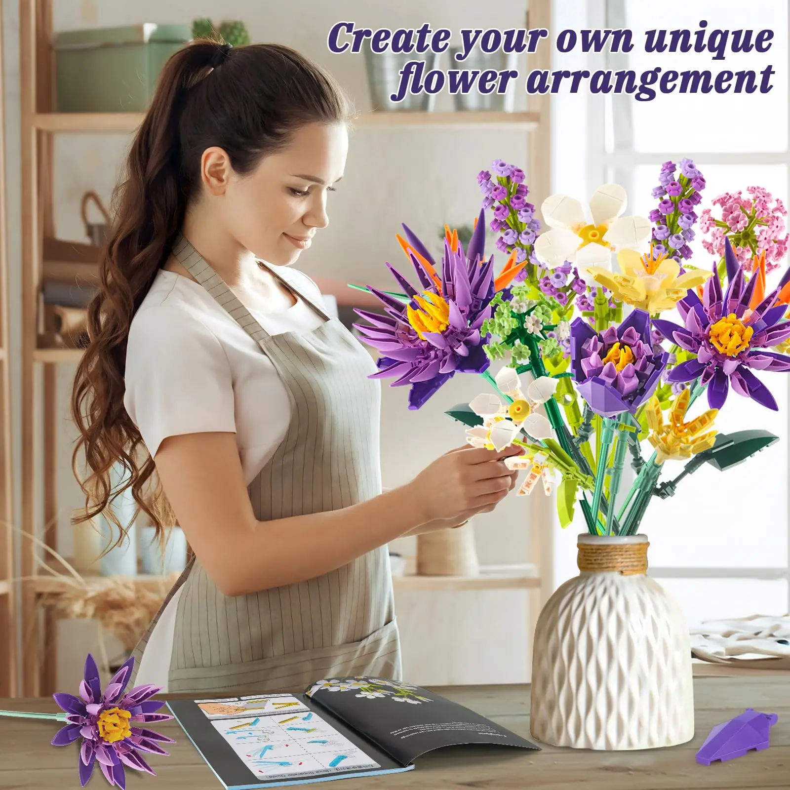 891 قطعة باقة زهور رومانسية اللبنات نبات زهرة أبدية تجميع الطوب الإبداعية سطح المكتب الديكور الفتيات الهدايا اللعب #2