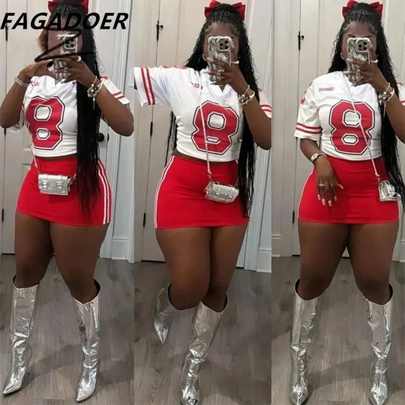 FAGADOER Y2K INS Letter Print Womens 2 Piece Outfit Set Basketaball Tshirt and Bodycon Mini Skirt Suits Hot Girls Streetwear Red