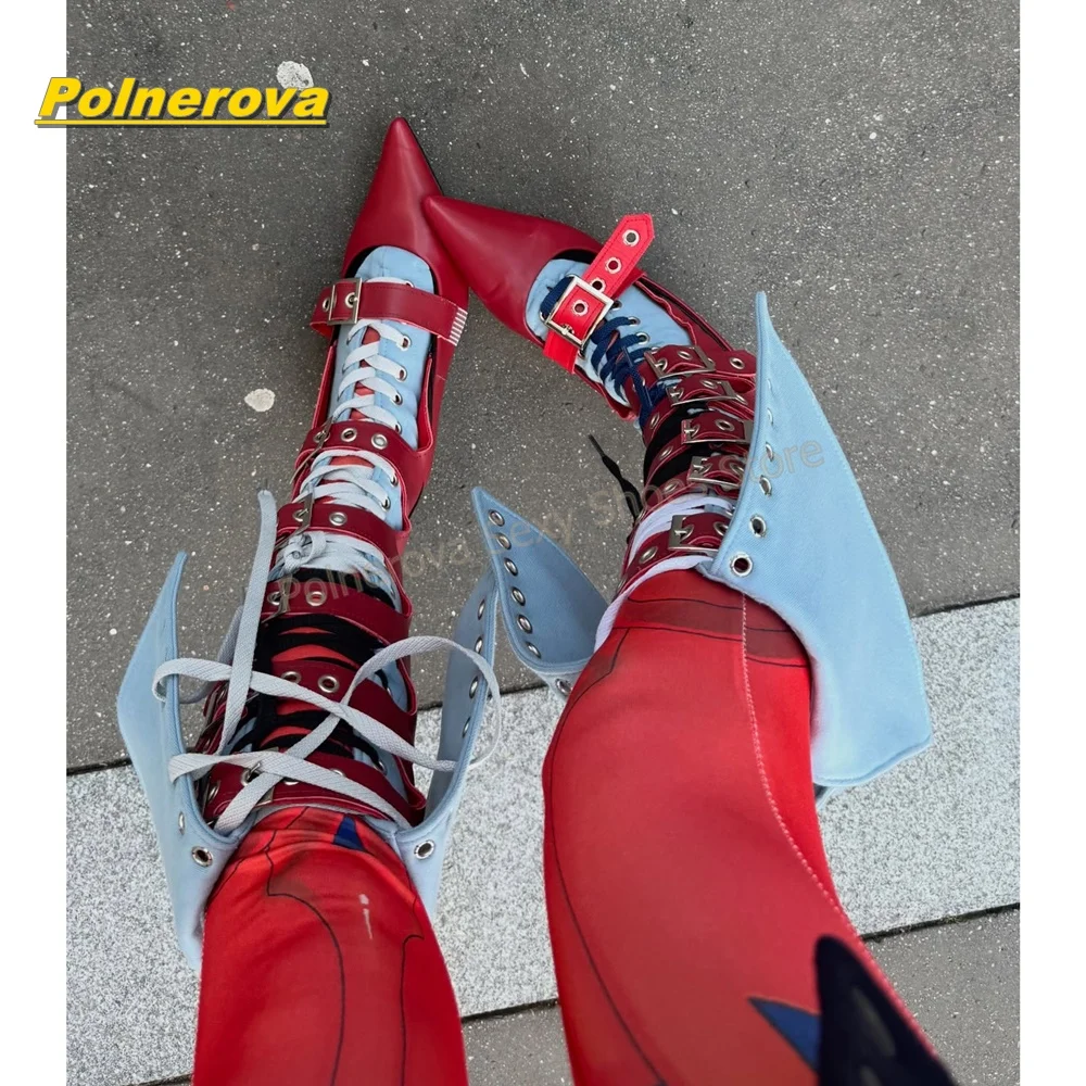 Women Cyberpunk Red Knee High Boots Pointed Toe Stiletto Multi Buckle Cut Out Lace Up Party Futuristic Street Style 2026 Summer