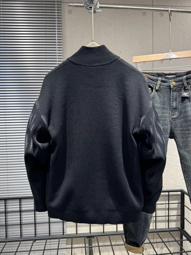 Stand Collar Zipper Black Sweater Men's Autumn Winter Pullover Jacket Inner Wear Trendy Youth Half Turtleneck Knitwear